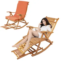 Bamboo Lounge Chair Large Adjustable Rocking Chair Reclining Patio Chair with Headrest Pillow and Foot Massage Board...