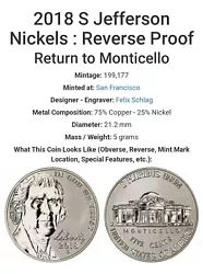 1-2018-S REVERSE PROOF JEFFERSON NICKEL NGC PF 69 EARLY RELEASES. You are getting one coin low minted RARE COIN