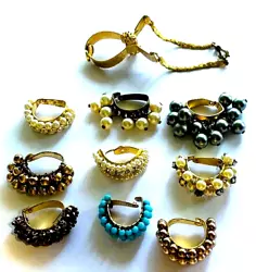 This lot of 10 vintage 1950s scarf ring/clips have a variety of beads from dangle faux pearl, rhinestone, hand wired...