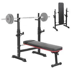 Description:     HEAVY-DUTY STRUCTURE & MORE SAFER: Weight bench with barbell rack set are made of powder-coated...