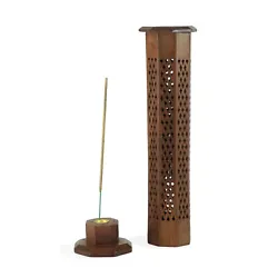 Hand-carved stalks and leaves decorate the upper part of the burner. The dark brown incense burner is hand-carved in...