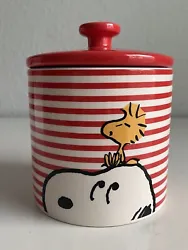 Peanuts Snoopy & Woodstock Cookie Jar Red And White Striped Durastone New In BoxThese pieces may have manufacturer...