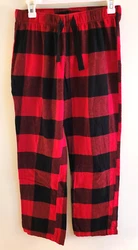 Red and Black Plaid. Elastic Waist with Black Drawstring. Machine Washable. 100% Cotton.
