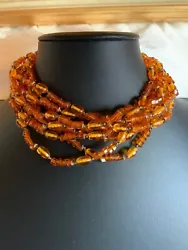 MIRIAM HUSKELL VINTAGE 8 STRAND AMBER GLASS BEAD CHOKER NECKLACE. GOOD CONDITION 