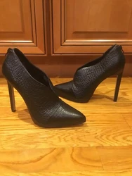 Hello, here is ALDO Black Leather Ankle Booties Pointed Toe Back Zip High Heeled Women Size 8.  5” stiletto heel....