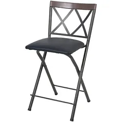 The folding stool has an elegant style featuring a faux black leather seat and a diamond design backrest for comfort....