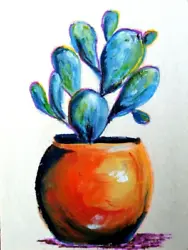 Original hand painted colorful cactus in large pot. Colorful small southwest cactus gouache painting. 4.5