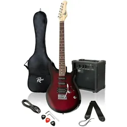The Rogue Rocketeer electric guitar package includes the RR100 double-cutaway guitar, gig bag, strap, guitar cable,...