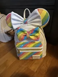 Loungefly Disney Sequin Rainbow Minnie Mouse Mini Backpack and Ears Set.