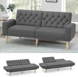 70” Linen Fabric Futon Sofa Bed with Adjustable Backrests, Tufted Sleeper Couch with Convertible Armrest, 82”...