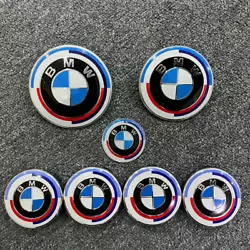 7Pcs Front Hood Emblems BMW 50th Anniversary Logo. 1x Trunk emblem(74mm). 1x Hood emblem(82mm).