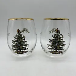 2 Spode Christmas Tree Stemless Wine Tumblers Drinking Glasses With Gold Trim.