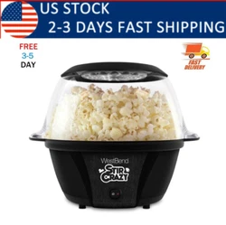 This electric popcorn popper provides heat-resistant handles for improved safety and convenience. A motorized stir rod...