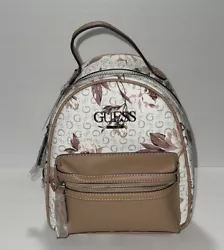 NEW GUESS Womens White Tan Pink Floral Logo Small Backpack Bag Handbag Purse.