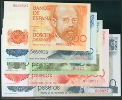Billets espagnols Série de 5 billets de la Banque dEspagne de 200 Pesetas, 500 Pesetas, 1000 Pesetas, 2000 Pesetas et...