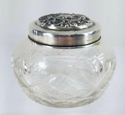 Antique Sterling Silver covered dresser jar with pressed crystal glass by Whiting silver co. Good Luck!
