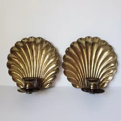 Set of 2 Solid Brass Clam Seashell Wall Sconce Candle Holders Approximately 7