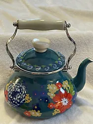 Teal With Flowers - Pioneer Woman Dazzling Dahlias 2 Quart Tea Kettle. Used condition. See pictures for any wear. It...