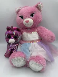 BAB Build a Bear Plush pink princess cat w/ sparkle ty unicorn.