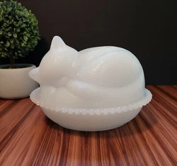 This is a very gorgeous White Milk Glass Depression Style Sleeping Cat on Basket 2 Piece Covered Candy Dish! This dish...