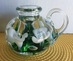 Gorgeous Art Glass Paperweight And Taper Candle HolderApplied Clear Glass HandleHand BlownWhite Trumpet Flowers With...