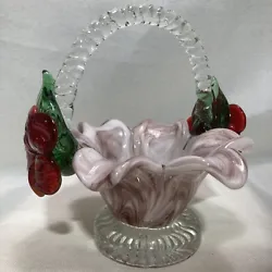 Hand Blown Art Glass Basket Candy Dish Vase Purple Swirl Red Flowers Twisted HandleUsed…Excellent Condition…No...