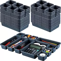 64 x Desk drawer organizer trays. Item model number - Drawer Organizer-42. The plastic shallow drawer organizers...