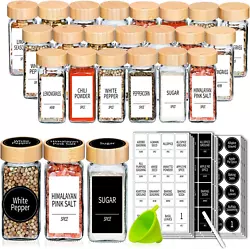 24 Spice Jars with Labels- Spice Jars with Bamboo Lids - 4 Oz Glass Spice Containers with Shaker Lids, 547 Spice Labels...