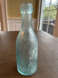 Antique F. Klein 214 6th St NY New York Aqua Pony Soda Blob Top Bottle. Damage on rear lip