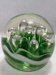 Art Glass Paperweight Elongated Bubbles Clear Green White 2 1/2”Used…Excellent Condition…No chips or cracks