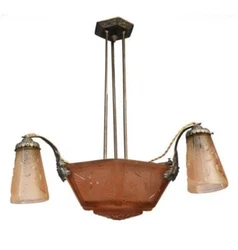Lustre à tulipes années 1930 Art déco verre moulé coloré signés Muller frères luneville de dimension hauteur 65...