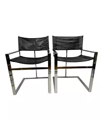 Vintage Mid-Century Chrome & Leather Flat Bar Director Style Arm Chairs - a PairBoth chairs are outstanding and...