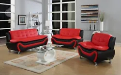 (1) Sofa, (1) Loveseat, (1) Chair. Loveseat (61” W x 32” D x 35” H). Glaucia Black-Red Sofa Set. 3-PC Sofa Set...