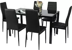 Description: Rectangular Dining Table Set, 7 Pieces Kitchen Dining Table with Glass Tabletop and 6 Faux Leather...