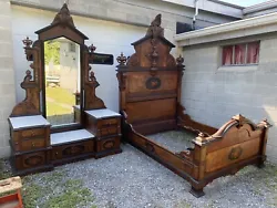 Inlaid Renaissance walnut marble top 2 piece bedroom set. The bed is 101 