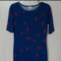 Lularoe Julia - Royal Blue and Red, Fitted, Knee-Length, Knit Dress, Small.