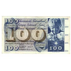 Suisse, 100 Francs type 1956-73, 2 Avril 1964, Alphabet 45T04163, sans épinglage, Pick 49f (Billets>Etrangers>Suisse).