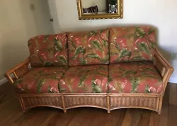 Braxton Culler living room sofa with floral tropical print fabric.Wicker, Rattan, bamboo.Honey color.Very good pre...