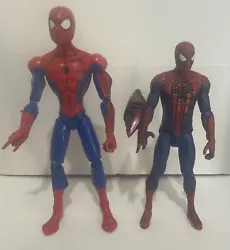 The shorter Spider-Man does talk and batteries are inside. Both hold poses very well!