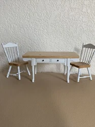Dollhouse Miniature Furniture Kitchen Table And Two Chairs. In good condition