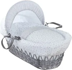 Clair de Lune Stars and Stripes Grey Wicker Moses Basket inc. bedding, mattress & adjustable hood (Grey). Adjustable...