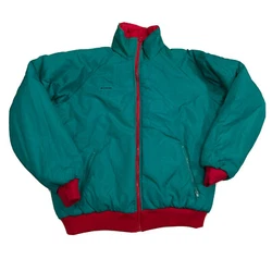 Red side of jacket is in good condition. Red sleeve shows some fading. Front of jacket has stain. Sea green side is in...