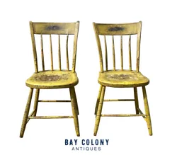 PAIR OF 18TH CENTURY ANTIQUE WINDSOR BIRDCAGE THUMBBACK SIDE CHAIRS IN ORIGINAL MUSTARD YELLOW PAINT SURFACE. They are...