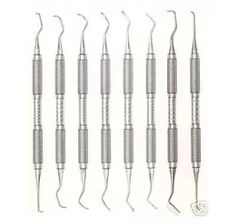 SET OF 8 GOLDMAN-FOX CURETTES. EXCELLENT QUALITY. HIGH GRADE STAINLESS STEEL. SPEAR KNIFE.