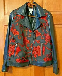 Chicos Jacket. Faux leather with red floral applique that looks like embroidery. The coat can be zipped all the way to...