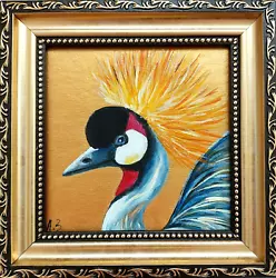 Original Crane on a golden background.Crowned Craneis an original miniature artwork. ✔ Title: Crowned Crane. This...