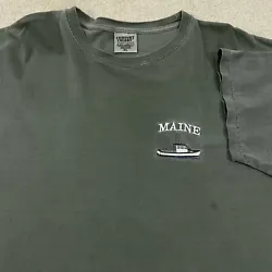 Front of shirt has multiple spot stains especially on the bottom. Grayish-Green garmant dyed shirt. Fits more like a...