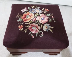 Big Beautiful Antique Empire Mahogany Foot Stool with Carved Legs and Floral Needlepoint Upholstery. You may also be...