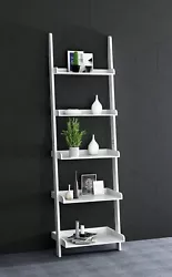 Modern style shelving unit features leaning ladder & 5 tiers of shelves. Constructed of MDF and finished in gray, white...