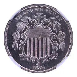 1874 Shield Nickel NGC PF65 This is the exact coin you will receive. © Olevian Numismatic Rarities.